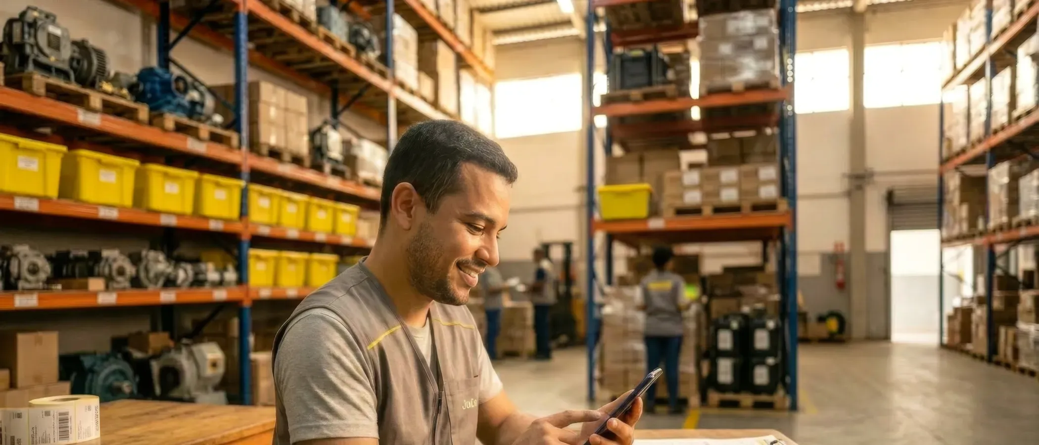 Trabalhador CLT usando o celular para conhecer o crédito da tamú