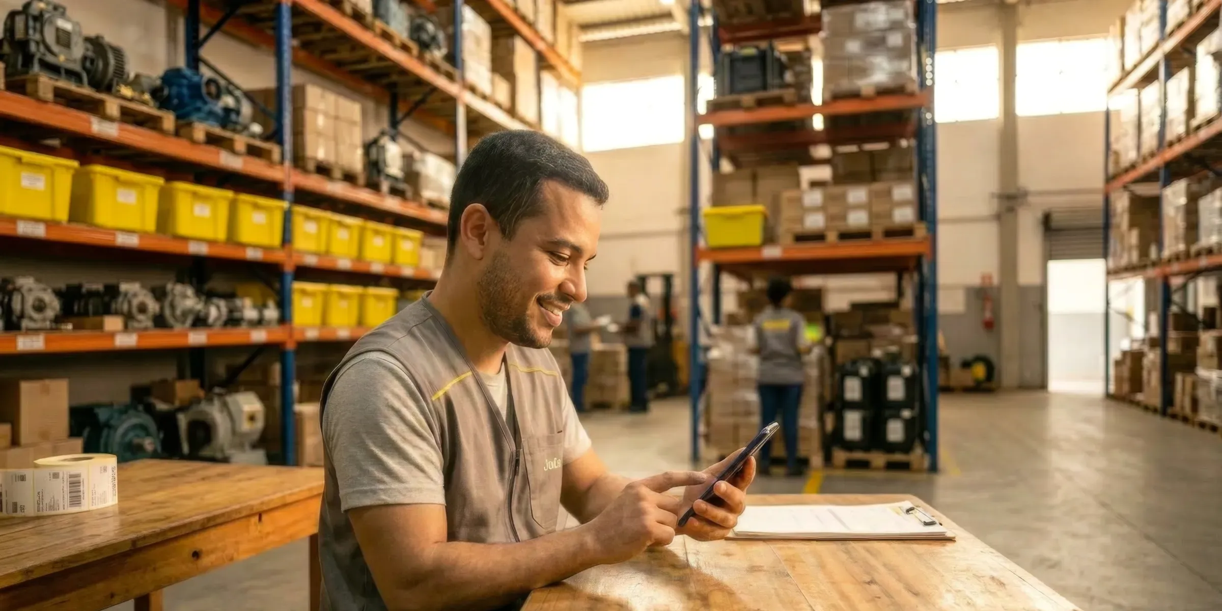 Trabalhador do almoxarifado sorrindo enquanto usa o celular na mesa de trabalho